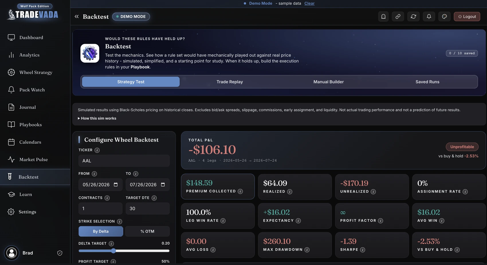 Tradevada Backtest screen