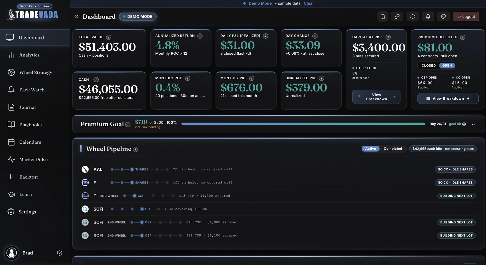 Tradevada dashboard showing portfolio value, cumulative P&L, and live trades