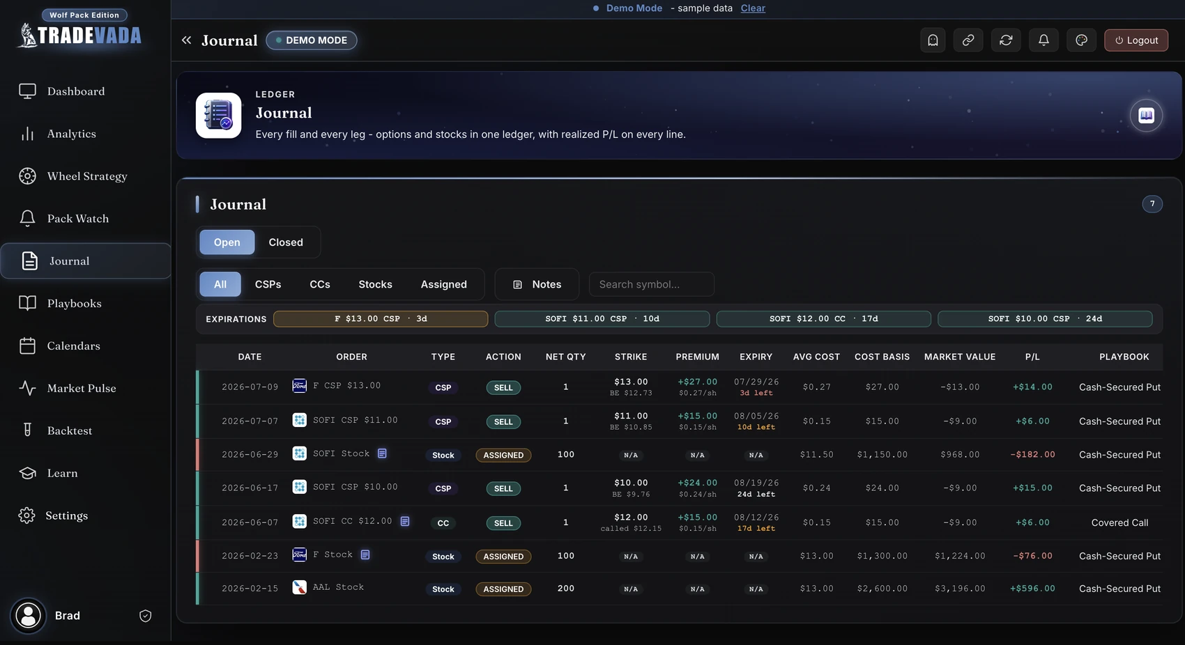 Tradevada Journal screen
